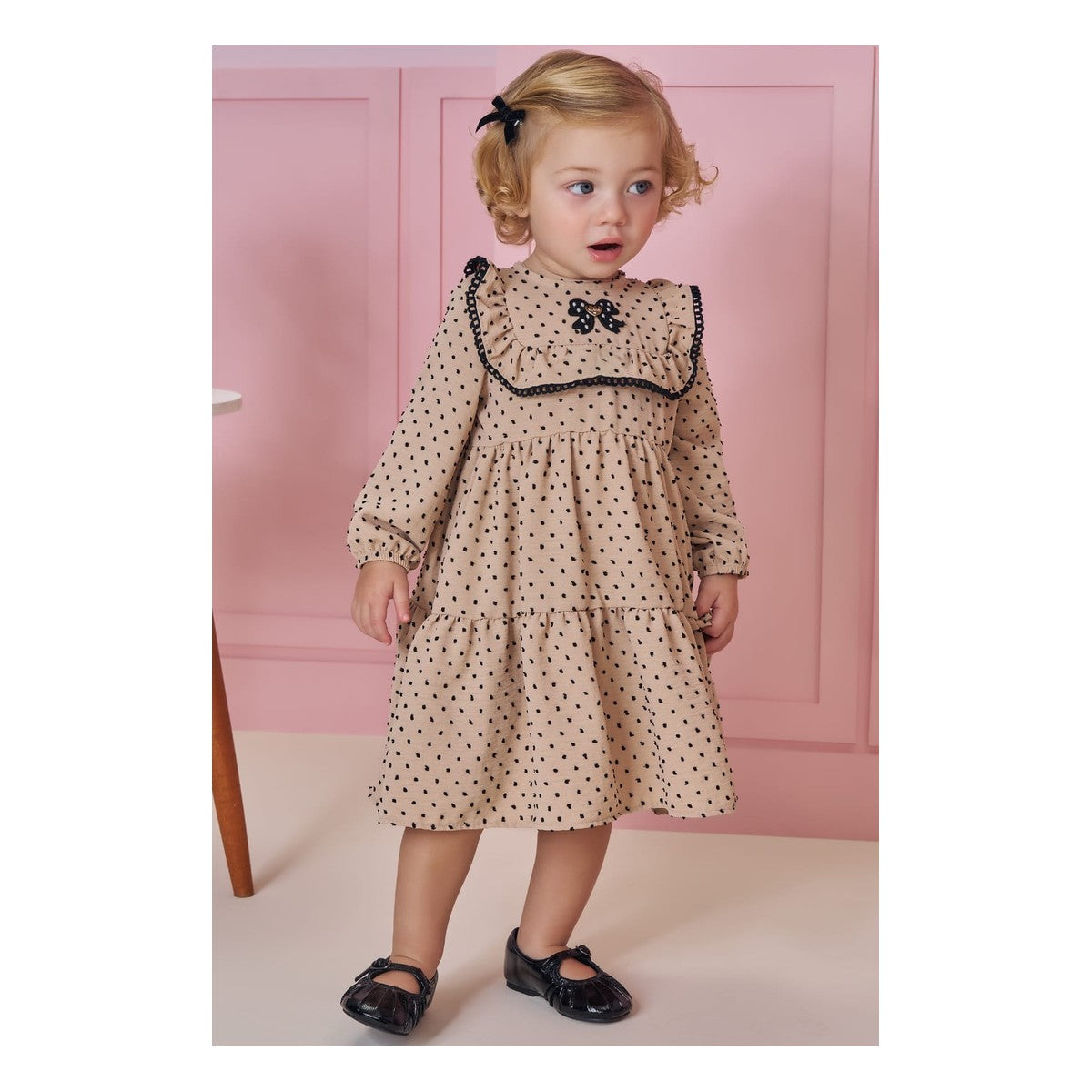 Vestido Em Crepe Textura Poa Bege